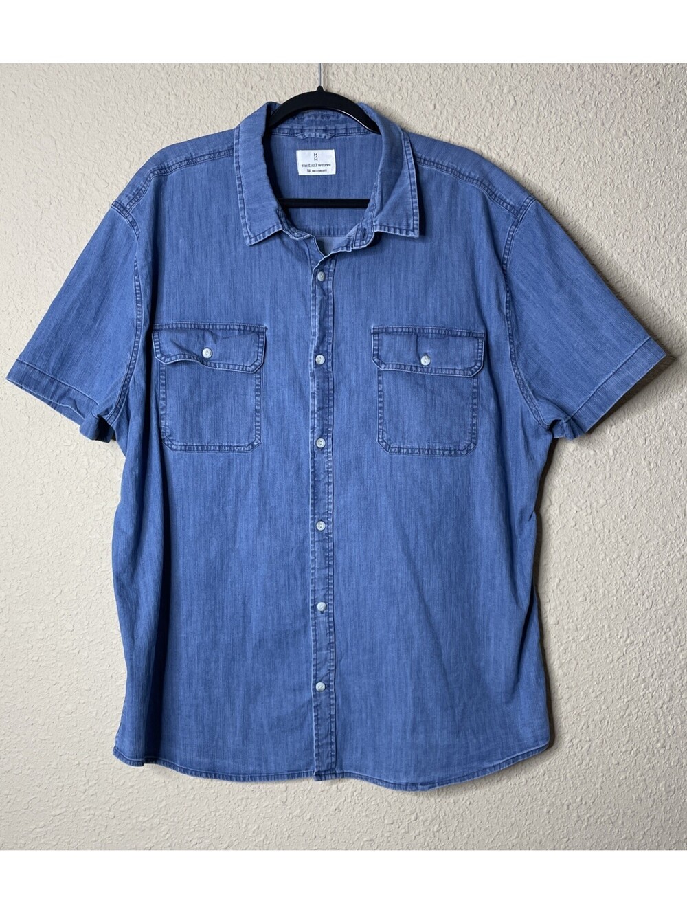 Mutual Weave Denim Shirt Mens 2XL XXL Blue Lightweight Chambray Retro Distressed